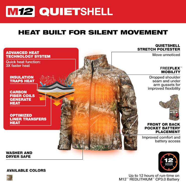 M12 12V Cordless Camo Heated Quietshell Jacket Kit, Size X-Large