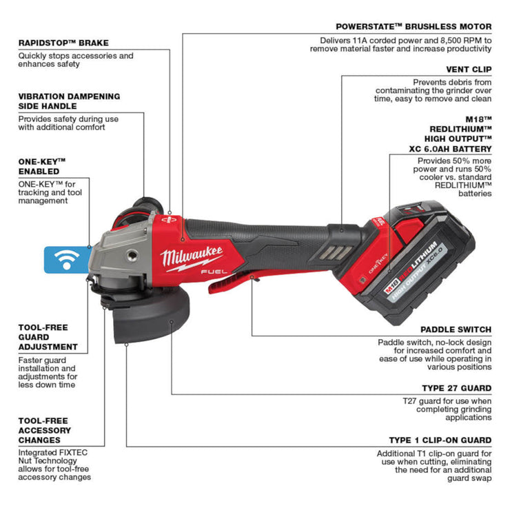 18V M18 FUEL ONE-KEY Lithium-Ion Brushless Cordless 4-1/2" / 5" Braking Grinder w/Paddle Switch, No Lock Kit 6.0 Ah