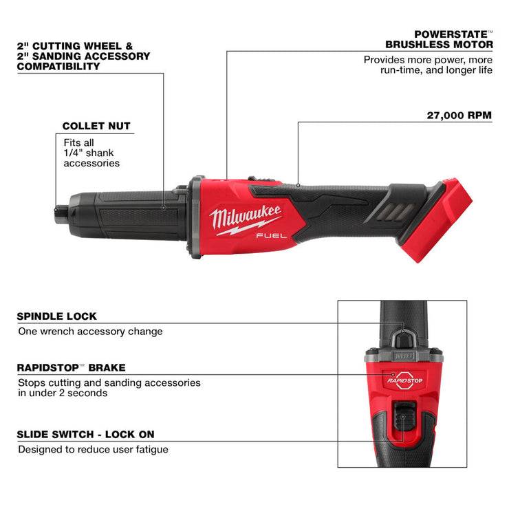 18V M18 FUEL Lithium-Ion Brushless Cordless Braking Die Grinder w/Slide Switch (Tool Only)