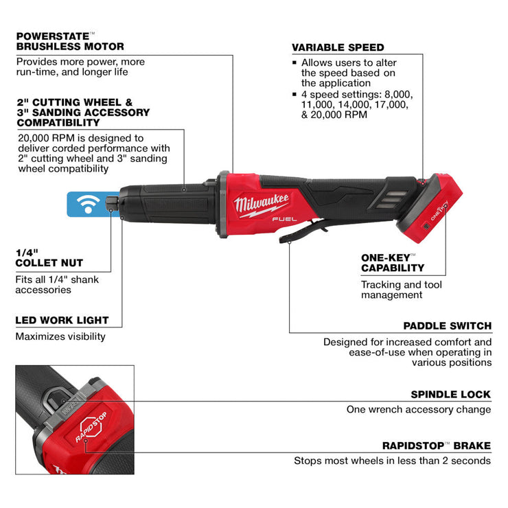 18V M18 FUEL ONE-KEY Lithium-Ion Brushless Cordless Variable Speed Braking Die Grinder w/Paddle Switch (Tool Only)