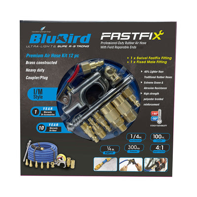 1/4" x 100' 300 PSI Rubber Air Hose Fastfix 12-Piece Accessory Kit