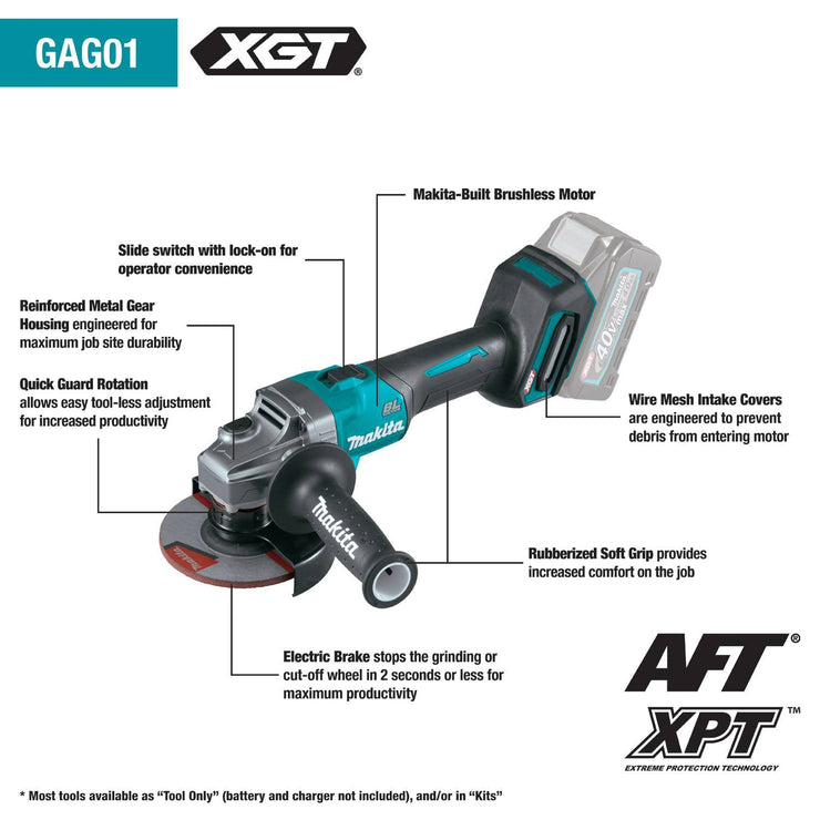 40V Max XGT Lithium-Ion Brushless Cordless 4‑1/2” / 5" Angle Grinder, with Electric Brake (Tool Only)