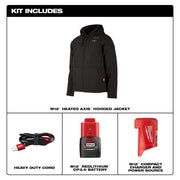 M12 12V Cordless Black Heated Axis Hooded Jacket Kit, Size X-Large