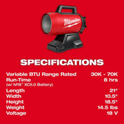 Milwaukee 0801-20 M18 70,000 BTU Forced Air Propane Heater