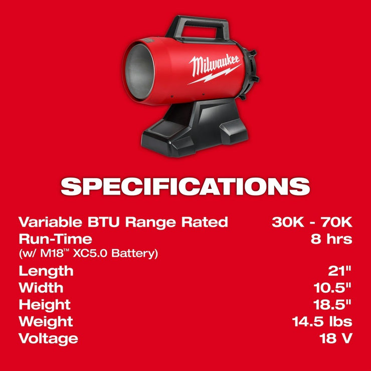 Milwaukee 0801-20 M18 70,000 BTU Forced Air Propane Heater