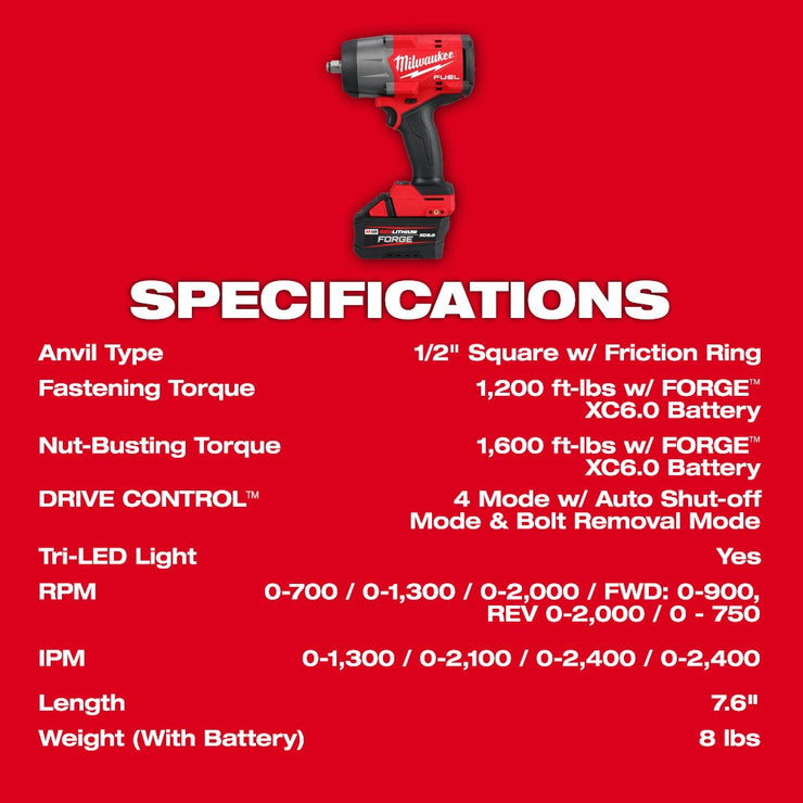 Milwaukee 2967-21F M18 FUEL 1/2" High Torque Impact Wrench w/ Friction Ring REDLITHIUM FORGE Kit