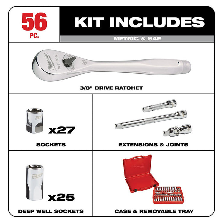 Milwaukee 48-22-9008 3/8" Drive 56 Piece Ratchet & Socket Set - SAE & Metric