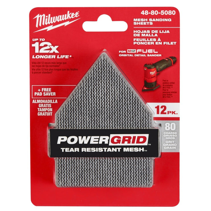 Milwaukee 48-80-5080 80 Grit Mesh Sanding Sheets for M12 FUEL Orbital Detail Sander 12-Pack