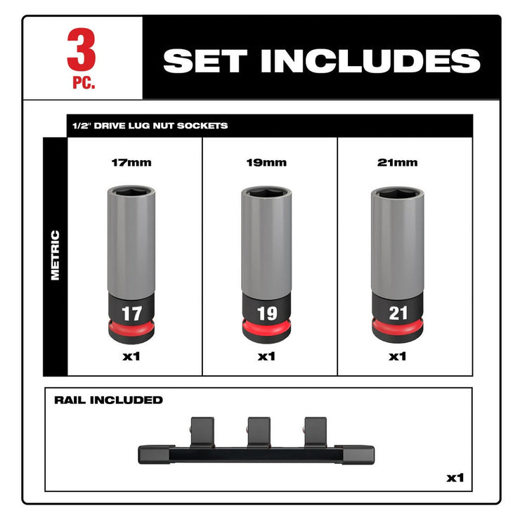 Milwaukee 49-66-7830 SHOCKWAVE Impact Duty 1/2 Drive Metric 3PC Lug Nut Wheel Socket Set