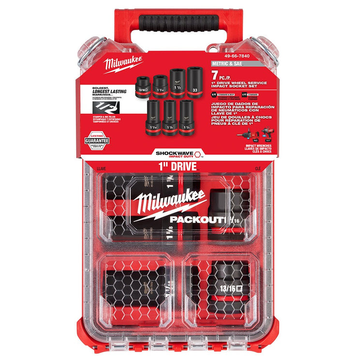 Milwaukee 49-66-7840 SHOCKWAVE Impact Duty 1” Drive 7PC MM & SAE Wheel Service Socket PACKOUT Set