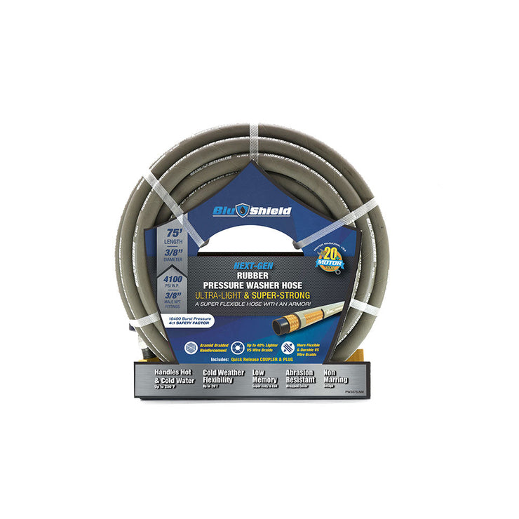 BluShield 3/8" x 75' 4100 PSI 3/8" Male NPT Kevlar Braided Non-Marking High Pressure Washer Hose