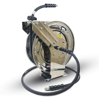 BluShield 3/8" X 50' 4100 PSI Aramid Braided Stainless Steel Retractable Pressure Washer Hose Reel