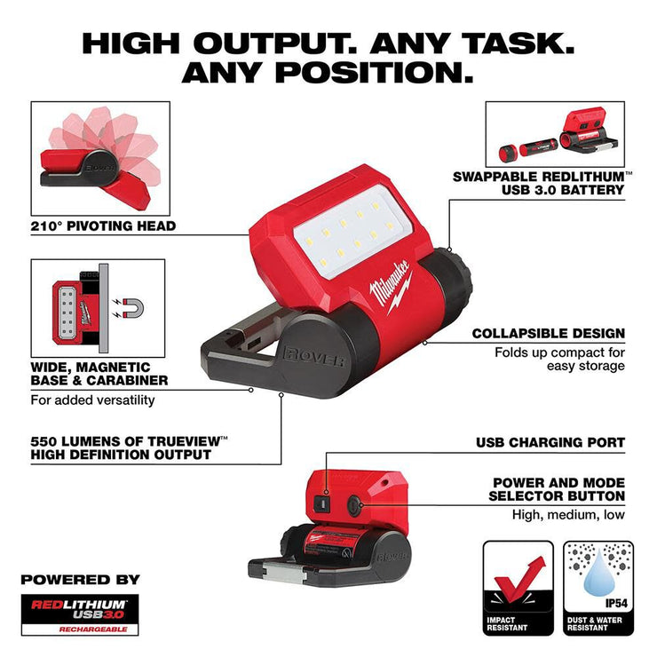 Milwaukee 2114-21 REDLITHIUM USB ROVER Pivoting Flood Light